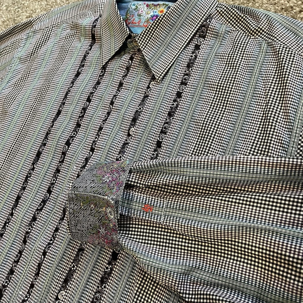 Robert Graham Gingham Check‎ Stripe Button Down Shirt Men's 2XL Flip Cuff Cotton